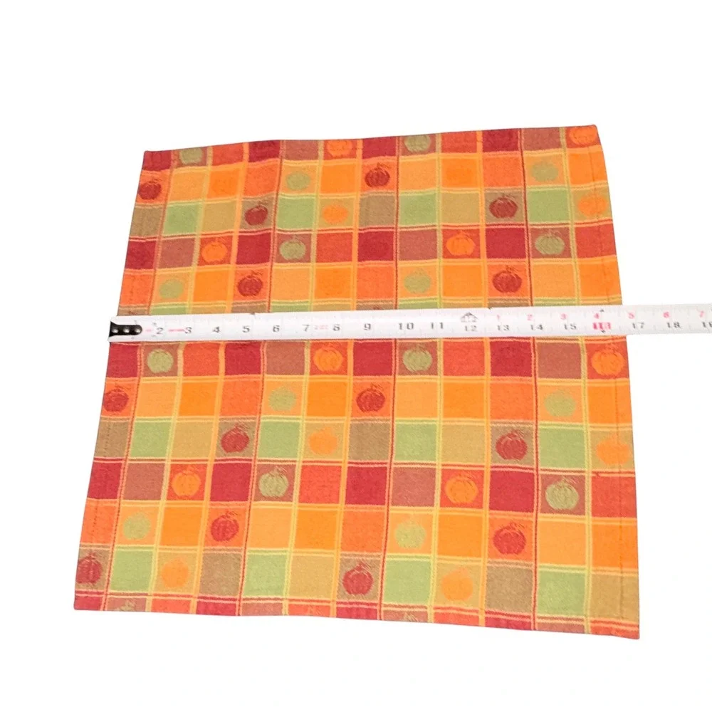 8 Vtg Fall Harvest Plaid Cloth Napkins Pumpkin Leaf Orange Red Green Square